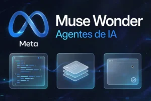 Arte gerada por IA com símbolo estilizado da Meta, título Muse Wonder e elementos de código, memória e uso de aplicativos.
