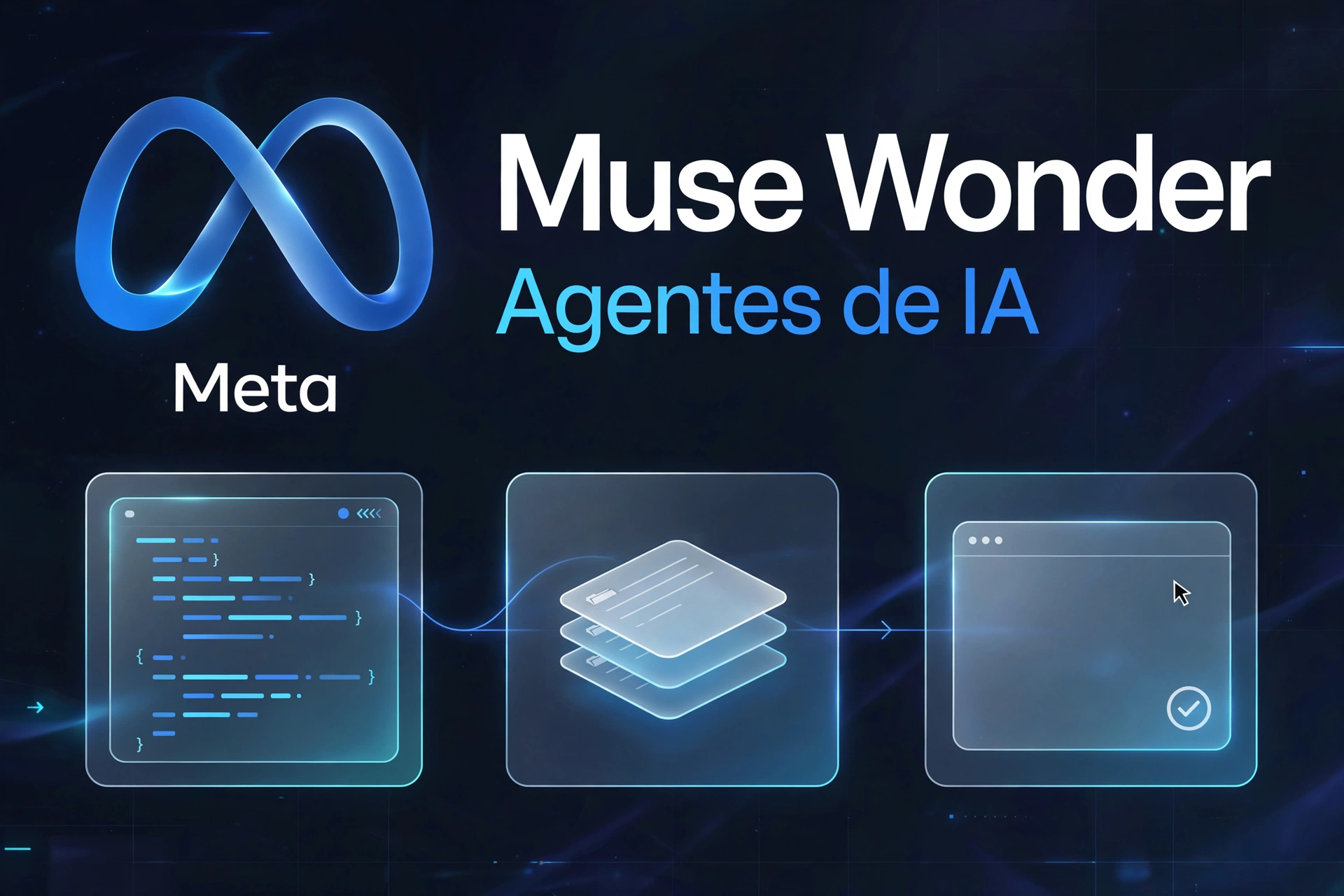 Arte gerada por IA com símbolo estilizado da Meta, título Muse Wonder e elementos de código, memória e uso de aplicativos.