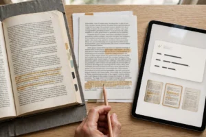 Imagem gerada por IA de documentos com trechos destacados ao lado de um tablet com resposta e fontes correspondentes.